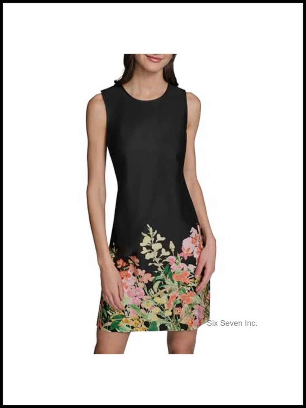 Karl Lagerfeld Sleeveless Crew Neck Border Print Shift Cotton Dress